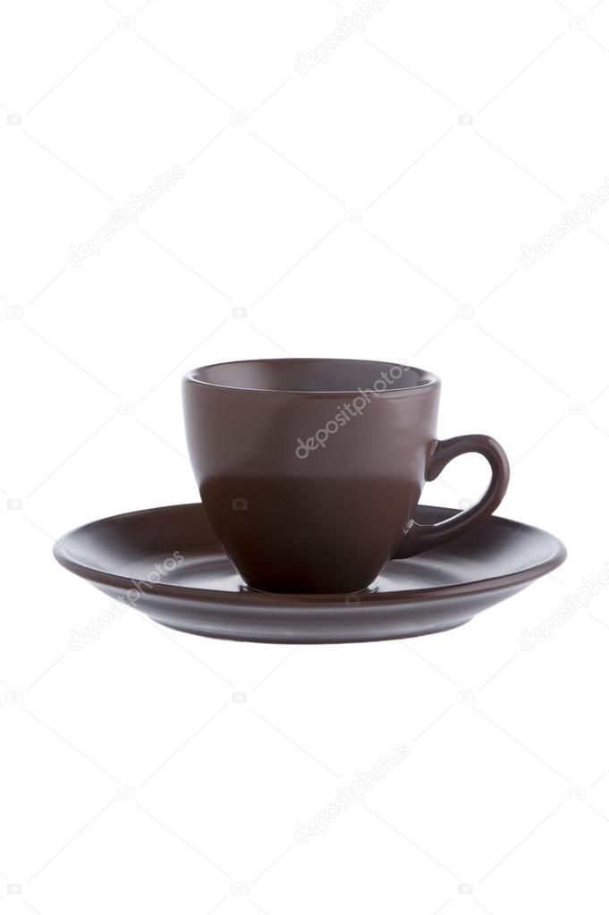 Brown ceramic coffee cup and saucer.