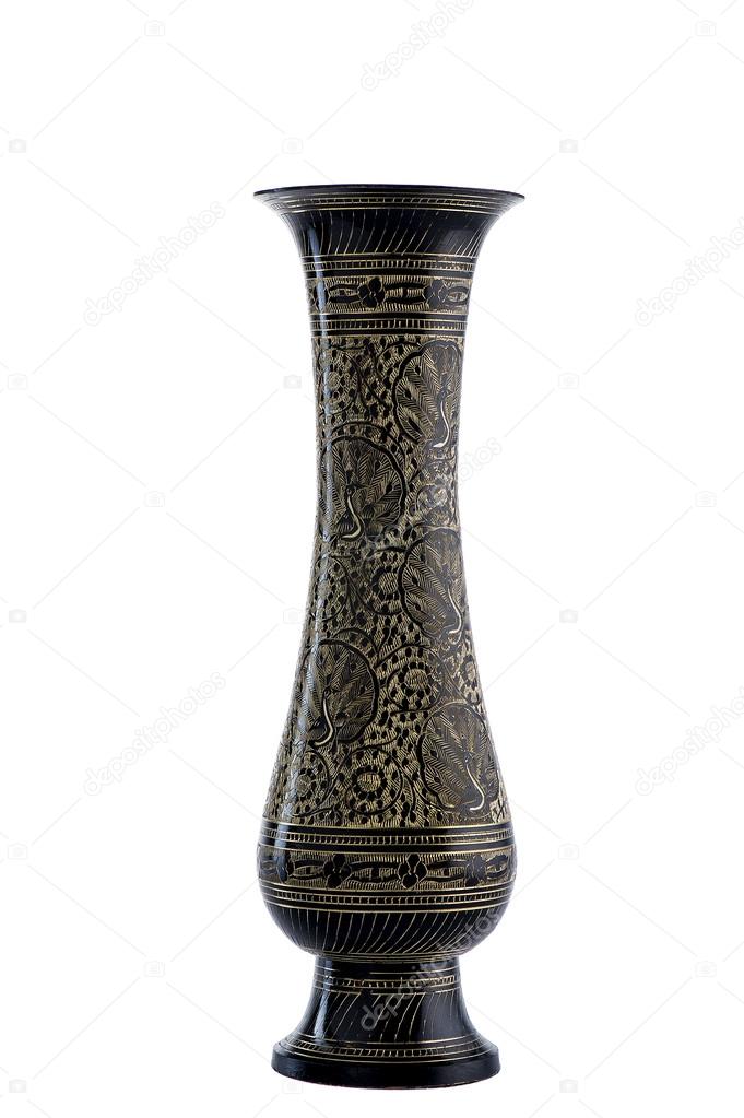 Old bronze vase handmade. Black glaze, patterns of copper flowers.