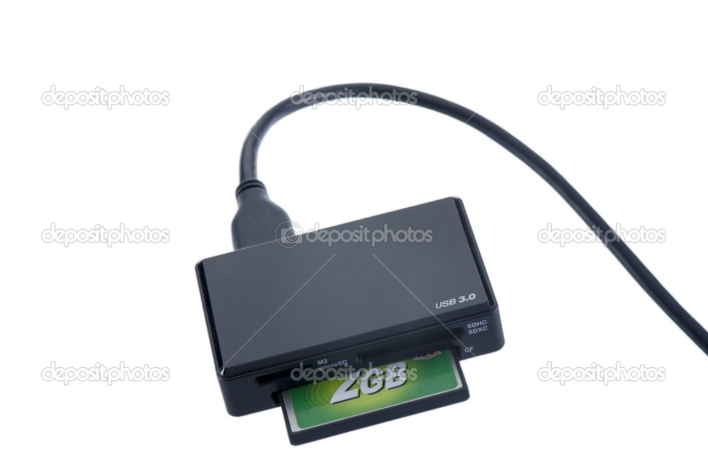 Portable universal Card Reader with CF a memory card.