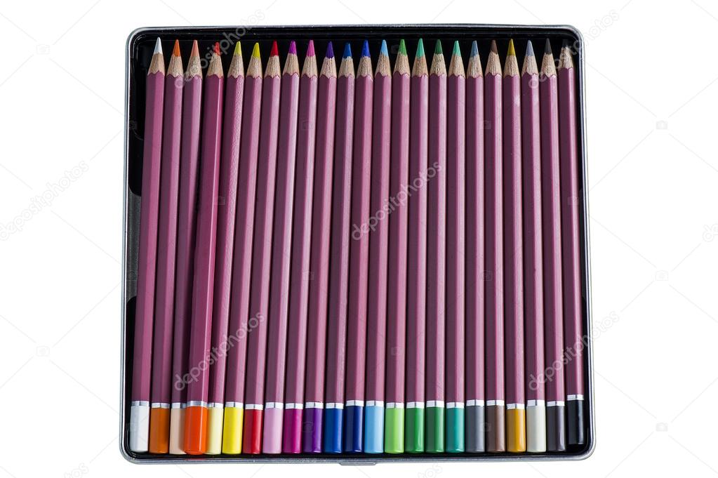 A set of brightly colored wooden slate pencils in metal tin box.