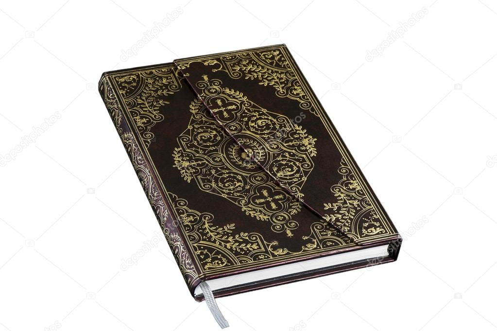 Creative, stylish notebook - diary, burgundy, dark red color with a bookmark and gilded floral designs.