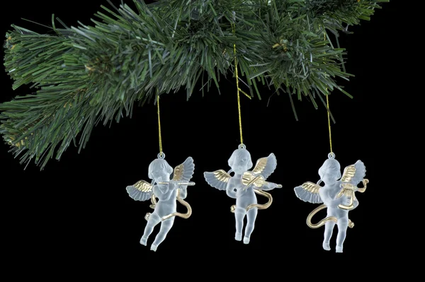 Christmas decorations, angels with harp, flute and violin. — Stock Photo, Image