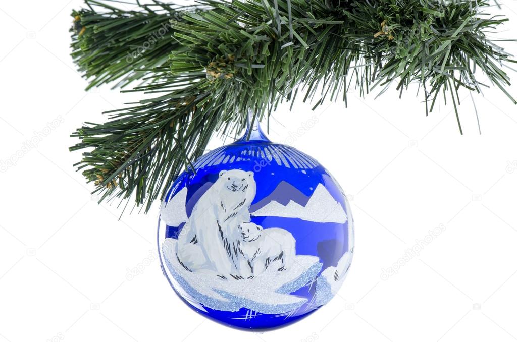 Christmas toy ball of blue with a picture of a bear.