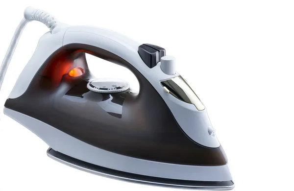 Modern electric iron, white and brown. With burning red light. — Stock Photo, Image