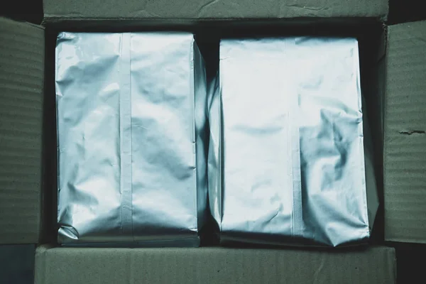 Feuille Plastique Sac Papier Vue Dessus Emballage Café Aluminium — Photo