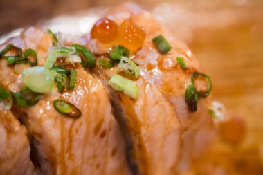 Somon balığı sarması, yakın çekim ve seçici odaklanma.