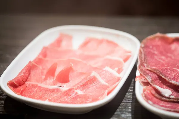 Viande Porc Crue Prête Pour Cuisson Sukiyaki Sur Table Bois — Photo