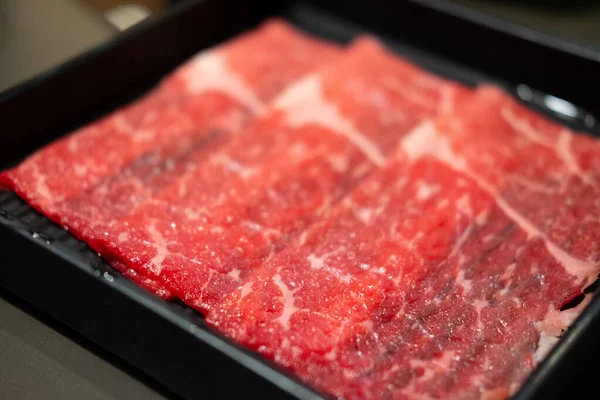 Close Tray Premium Fresh Raw Pork Beef Meat Prepared Shabu — Stock Photo, Image