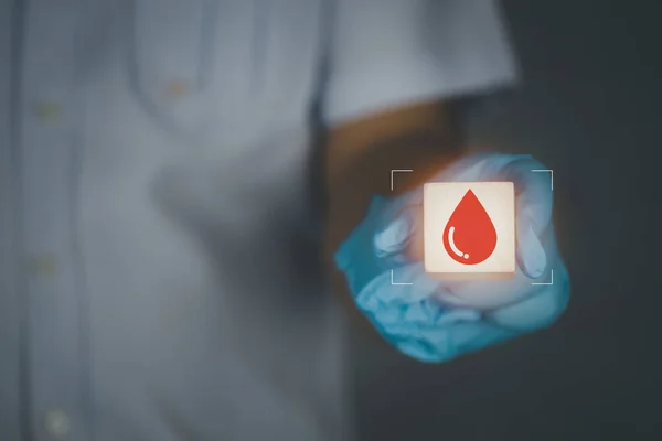 Doctor Hands Holding Red Blood Icon Wood Block World Blood — Stock Photo, Image