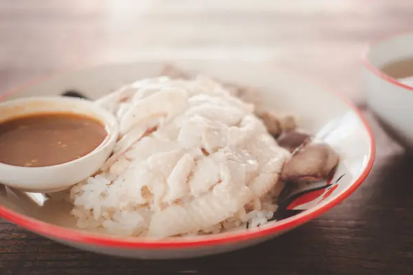 Tajski Smakosz Gotowany Parze Kurczak Ryżem Tajski Zwany Khao Man — Zdjęcie stockowe