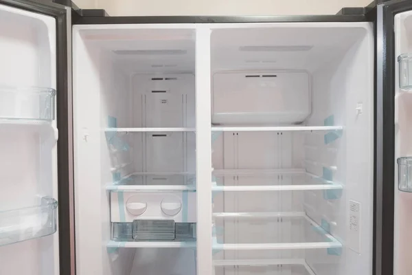 Opened New Empty White Refrigerator Interior Clean Refrigerator — 스톡 사진