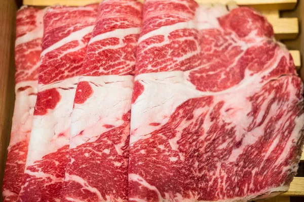 Premium Giapponese Wagyu Inserisce Piatto Legno Bella Carne Marmorizzata — Foto Stock