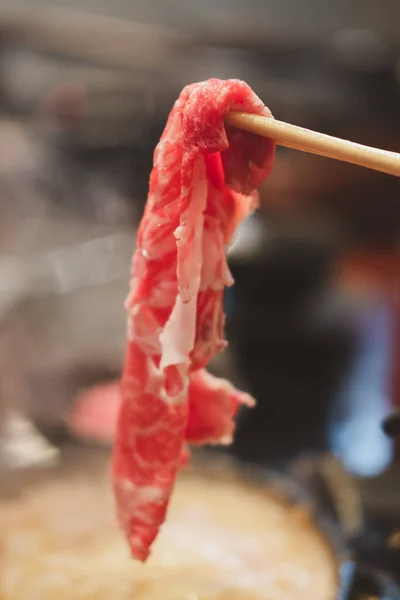 Hand Holding Premium Rare Slices Beef High Marbled Texture Chopsticks — Stock Photo, Image