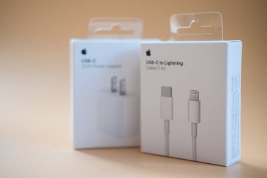 Bangkok - 22 Ocak 2022: Apple Inc. Charger 'ın şimşek şarjlı kablosuna yeni bir USB-C tipi kutu..