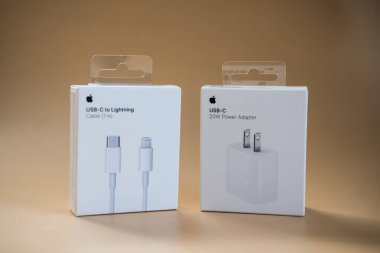 Bangkok - 16 Ocak 2022: Apple Inc. Charger 'ın şimşek şarjlı kablosuna yeni bir USB-C tipi kutu..