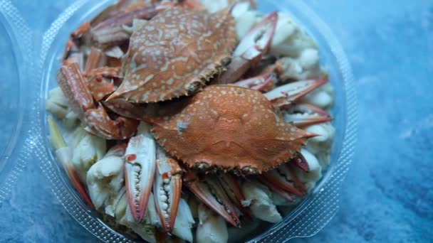Großaufnahme Von Gedämpften Krabben Schachteln Thailändischen Meeresfrüchten — Stockvideo