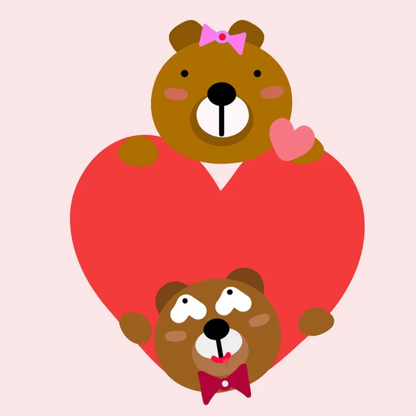 Cute Cartoon White Bear Couple Love Hearts — Stock Vector