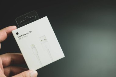 Samut Prakan, Tayland - 28 Mart 2022: Apple yıldırım to usb kablosu mobil cihazlar iPhone, iPad ve iPod 'ları bilgisayarlara bağlamak için kullanılan tescilli bir konnektördür.