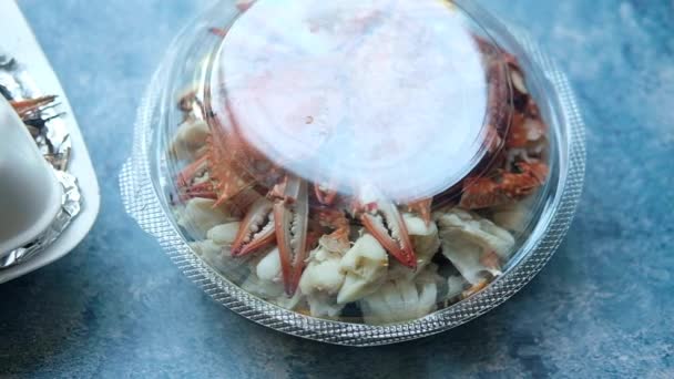 Detailní Záběr Pařeného Kraba Krabici Thajské Mořské Plody — Stock video