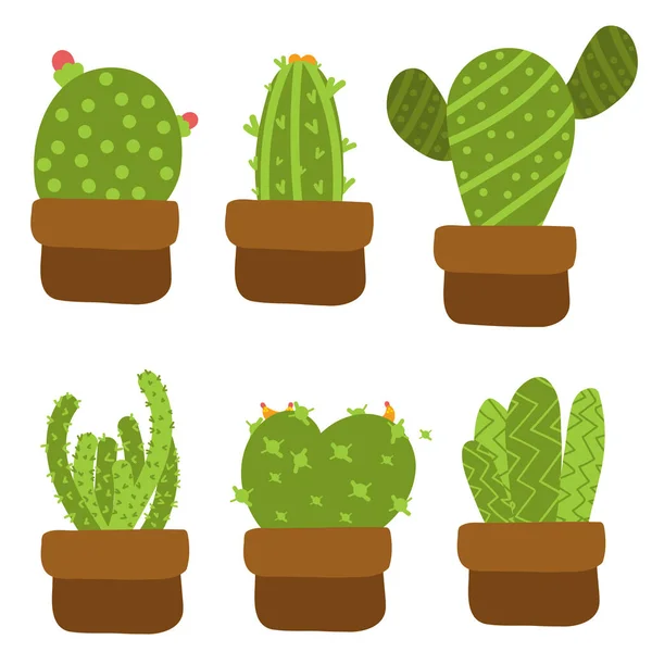 Hand Drawn Set Different Cactus Isolated White Background Cactus Pot — Stock Vector
