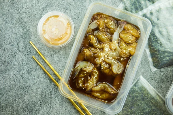 Korean Style Pickled Prawns Korean Soy Sauce Pickled Shrimp Box — Stockfoto