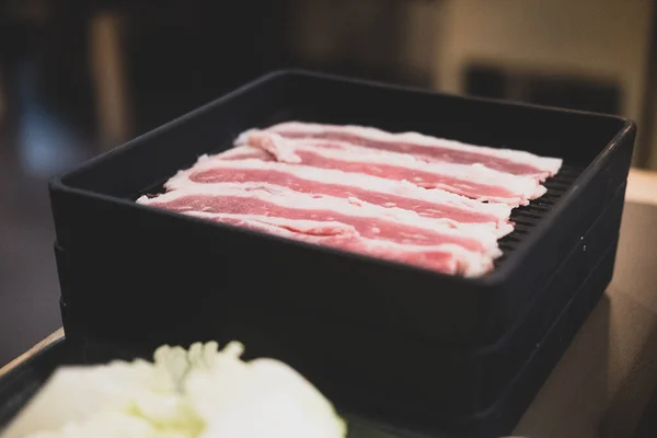 Thinly Sliced Meat Fresh Vegetables Traditional Japanese Hot Pot Shabu — Stock Photo, Image