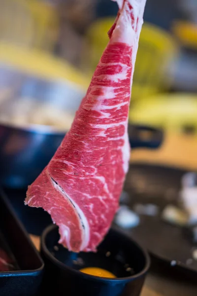 Man Use Chopstic Keep Premium Beef Shabu Shabu Sukiyaki Close — Stock Photo, Image