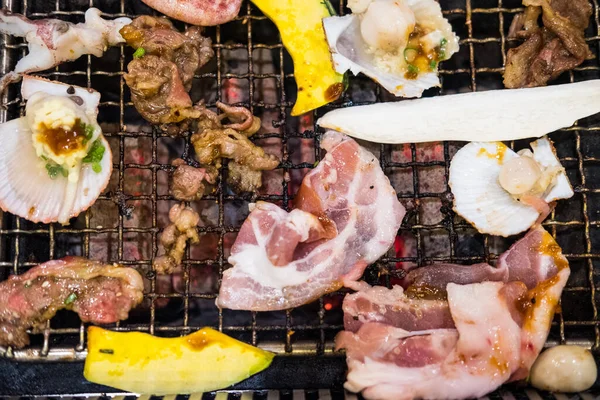 Grilling Japanese Buffet Consist Meat Vegetable Hot Charcoal Top View — Stock Photo, Image
