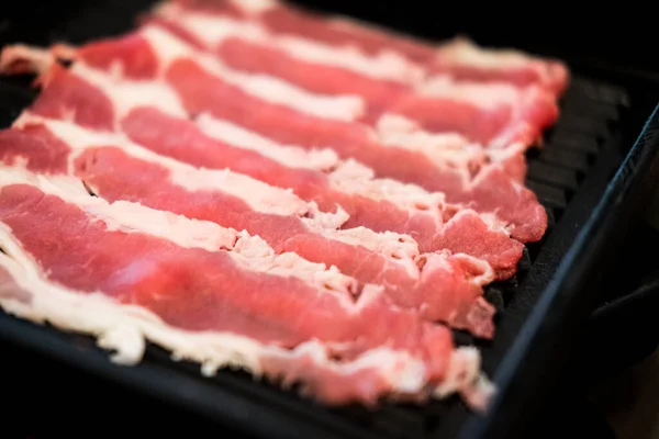 Fatias Carne Fresca Com Ingredientes Fundo Para Shabu Shabu Japonês — Fotografia de Stock