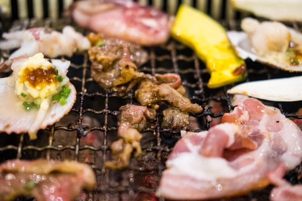Grill Bufet Japonez Care Constă Din Carne Legume Close — Fotografie, imagine de stoc