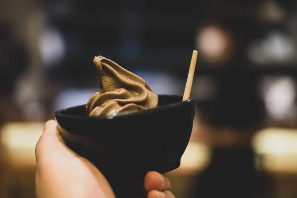 Chocolate Soft Ice Cream Black Bowl Hand — Stock Photo, Image