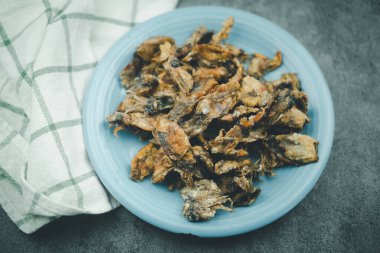 Mavi tabakta kızarmış tuzlu kalamar. Deniz ürünlerinin korunması veya işlenmesi kavramı