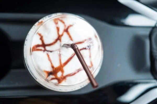 Iced Mocha Coffee Personal Car Drive Coffee Shop Closeup Shot — Stok Foto
