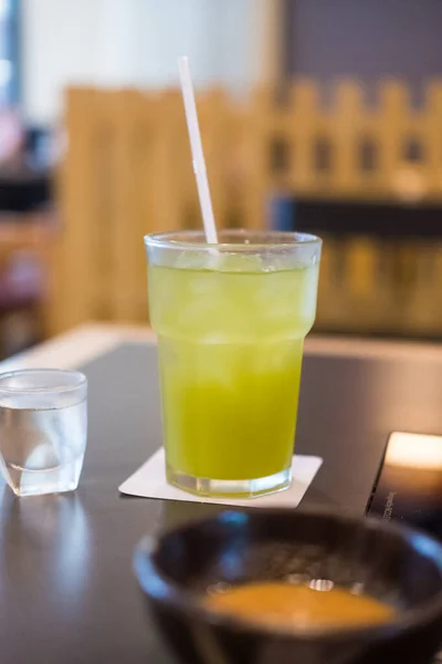 Cold Green Tea Syrup Shot Glass Restaurant Wood Table — Stock Photo, Image