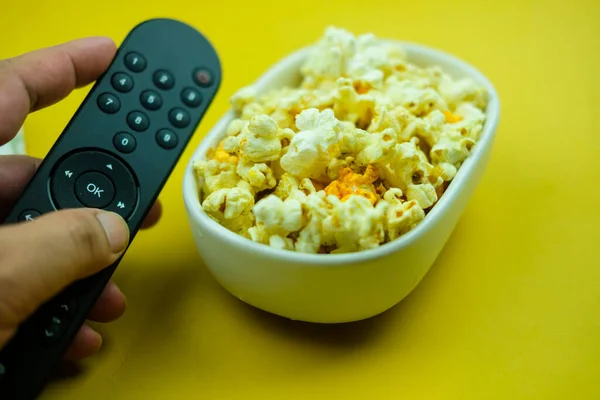 Hand Use Remote Control Bowl Popcorn Concept Watching Home — Fotografia de Stock