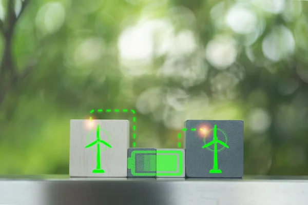 Icons Battery Wind Turbines Wood Block Energy Resources Concept Idea — Foto Stock