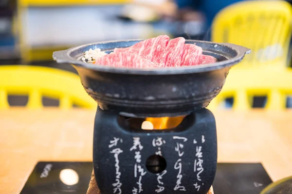 Japanese Hot Pot Nabe Beef Close — Fotografia de Stock