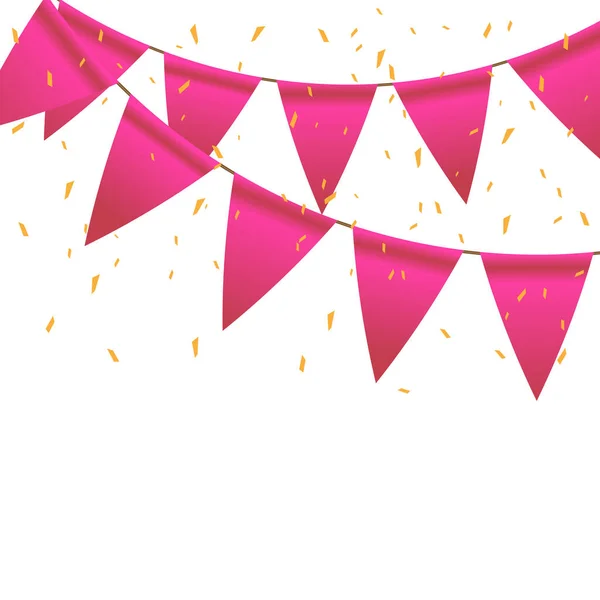 Celebrate Banner Party Pink Flags Yellow Confetti Concept Birthday Holiday — Stockvektor