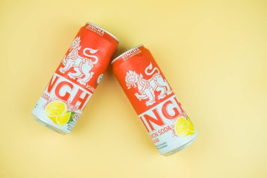 Samut Prakan, Thailand - August 20, 2022 : Singha Red Lemon Soda in a distinctive red can of 330 ml, selling price 16 baht. The brand is SINGHA in Thailand, one of most famous beverage brand in Thailand.