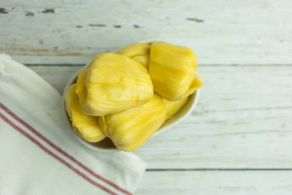Ripe Jackfruit Flesh White Bowl Tropical Fruit Meat Substitute Concept — Stockfoto