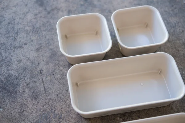 Plastic Kitchen Trays Different Size Stone Table — ストック写真