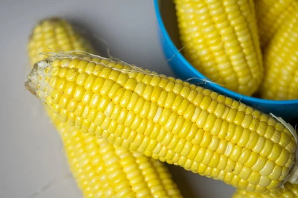 Peeled ears of sweet corn with yellow grains prepare for cooking