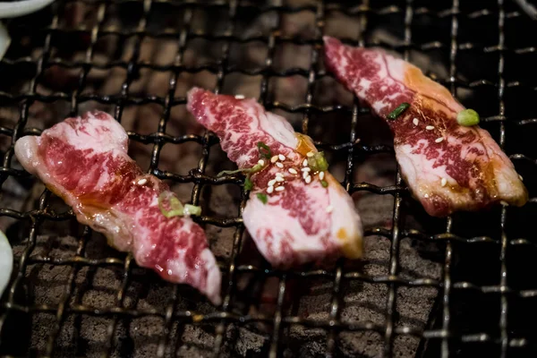 Japanese grilled meat over charcoal on stove. Close up