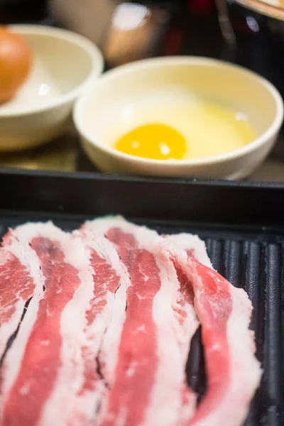 Thin Sliced Pork Cooking Sukiyaki Style Close — Stock Photo, Image