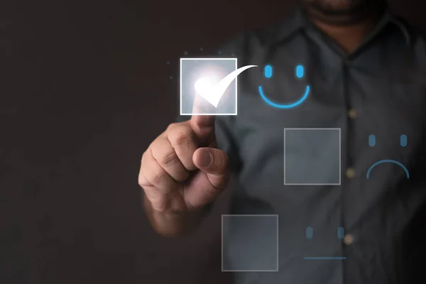 Customers press the smiley face emoticon on the virtual touch screen to give satisfaction in service. The concept of customer service evaluation and rating and review is very impressive.