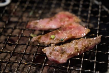 Sıcak kömür sobası üzerinde ızgara et. Japon barbekü stili Yakiniku.