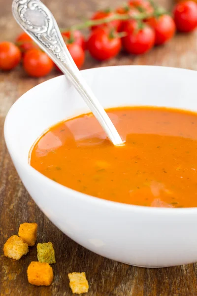 Plate of minestrone soup with cherry tomato — Stock Photo, Image