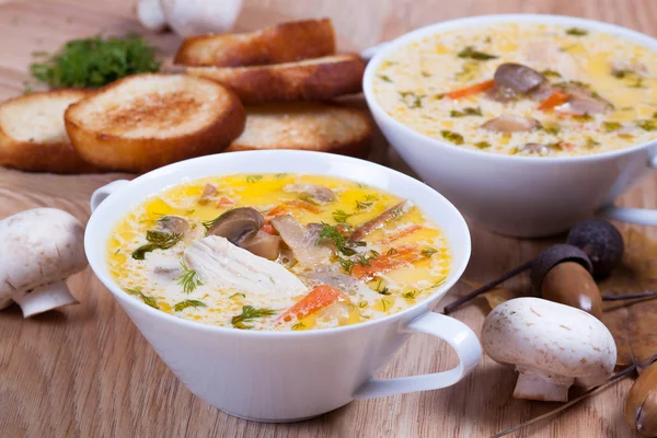 Грибной суп с гренками — стоковое фото