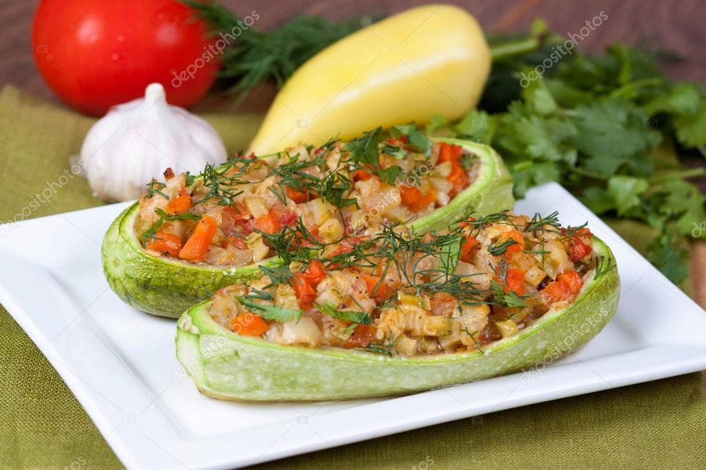 Zucchini stuffed with vegetables, close-up