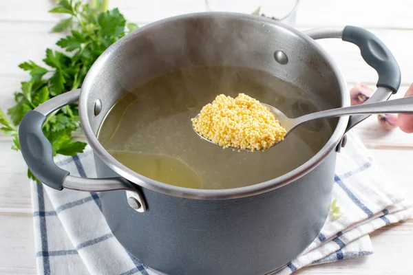 Zuppa Preparazione Passo Passo Con Zucca Verdure Passo Aggiungendo Miglio — Foto Stock